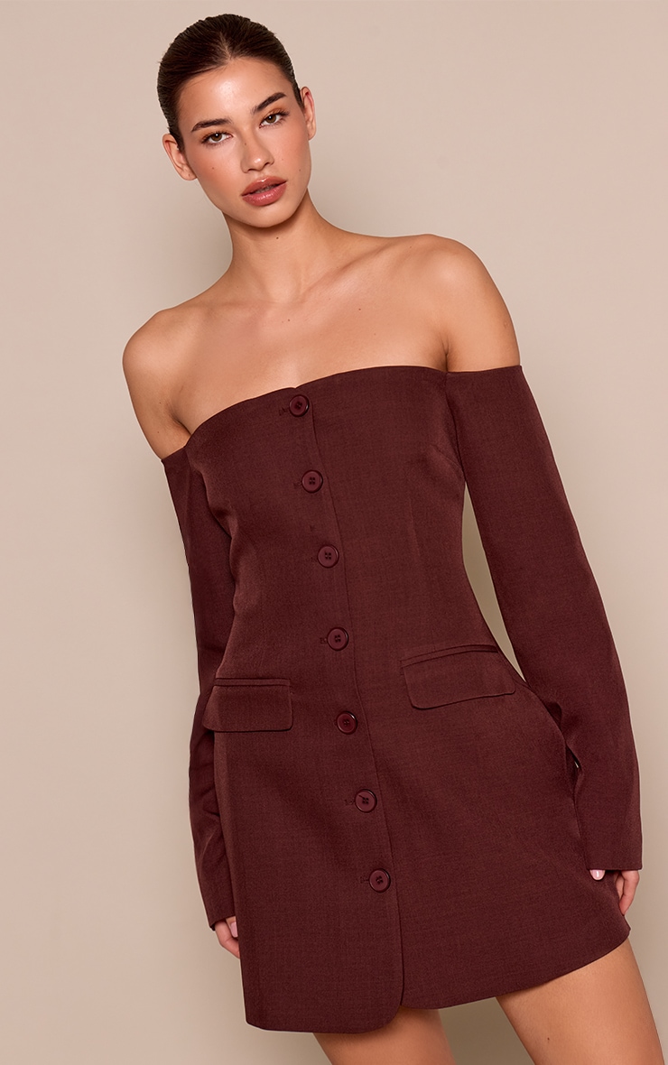 Chocolate Tailored Woven Bardot Button Down Shift Dress image 1