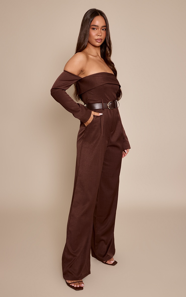 Chocolate Woven Bardot Long Sleeve Belt Detail Jumpsuit image 3