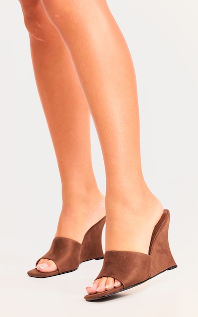 Chocolate Faux Suede Square Toe Wedge Heeled Sandals