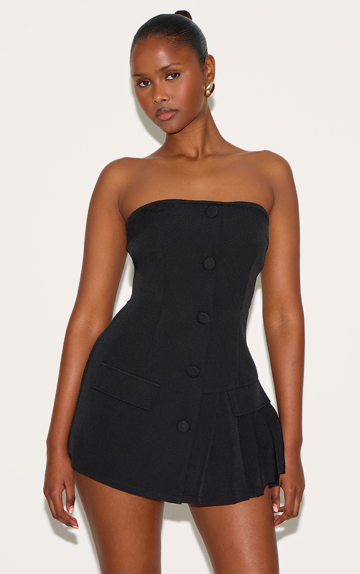 Combishort jupe-short bustier de tailleur noir à détail plissé, Noir