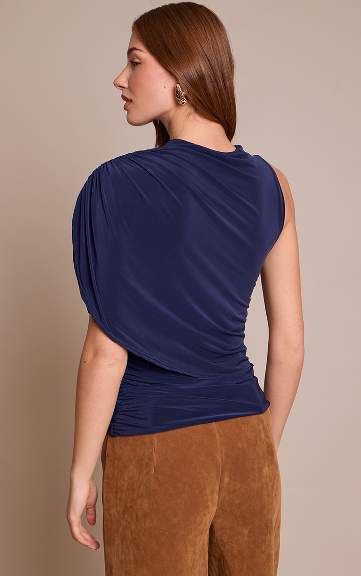 Navy Double Layer Slinky Cape Detail Long Top  image 2