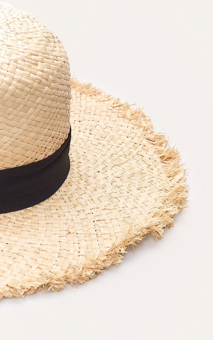 Natural Raffia Frayed Straw Sun Hat with Black Ribbon Detail image 3
