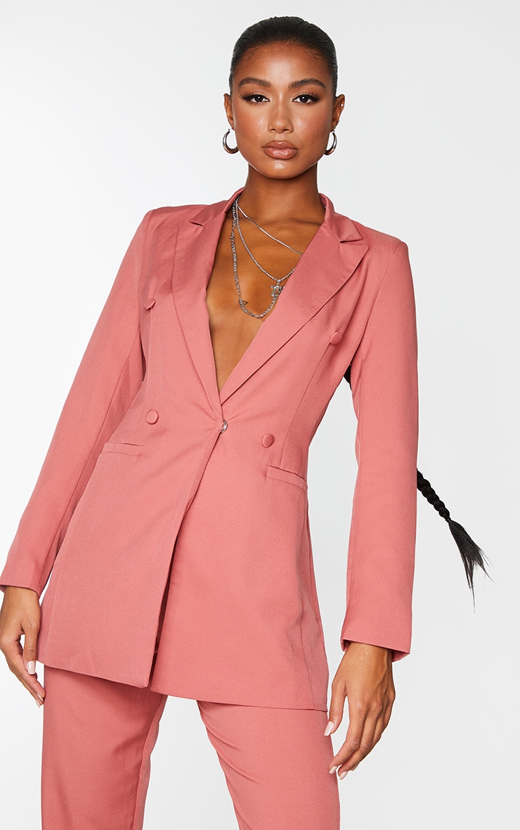 Deep Rose Double Breasted Woven Blazer