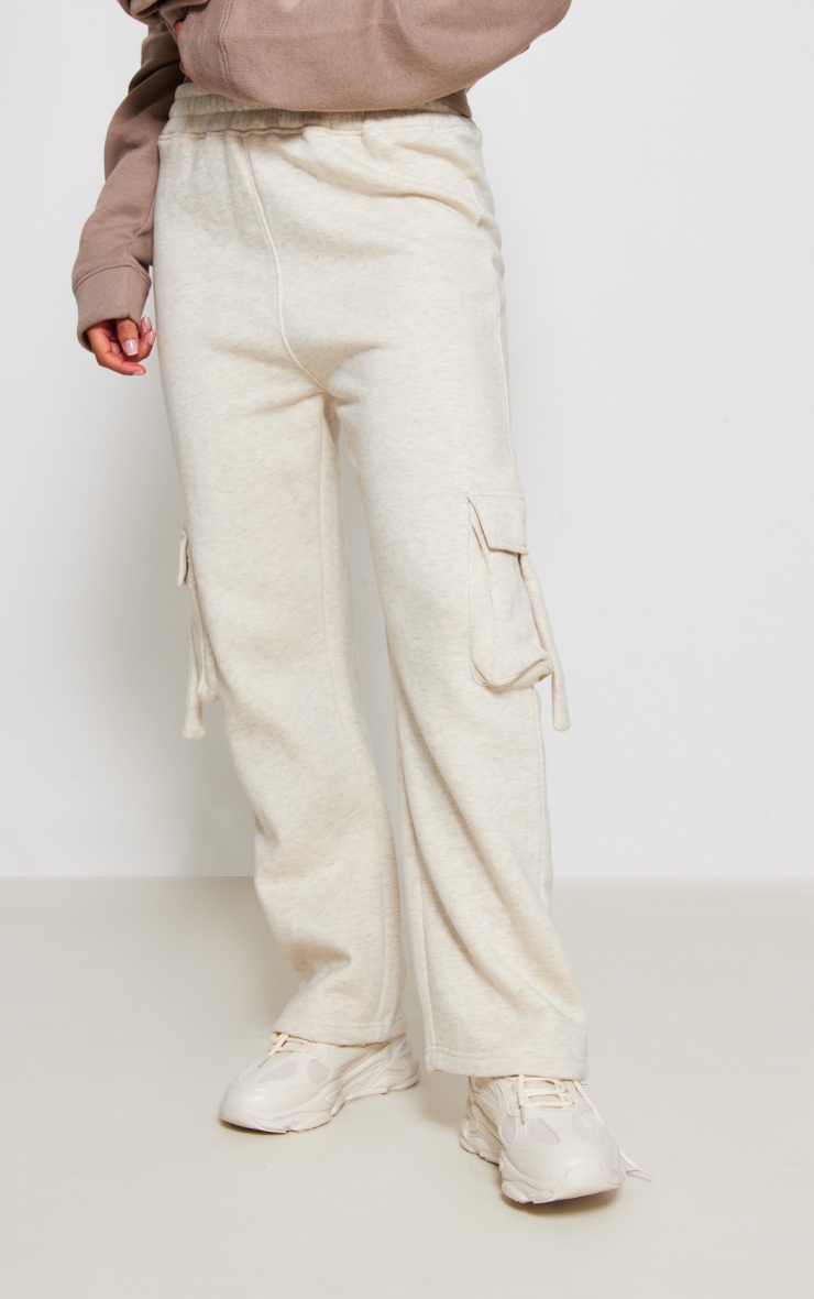  Oatmeal Marl Effect Sweat Pocket Detail Straight Leg Track Pants image 2