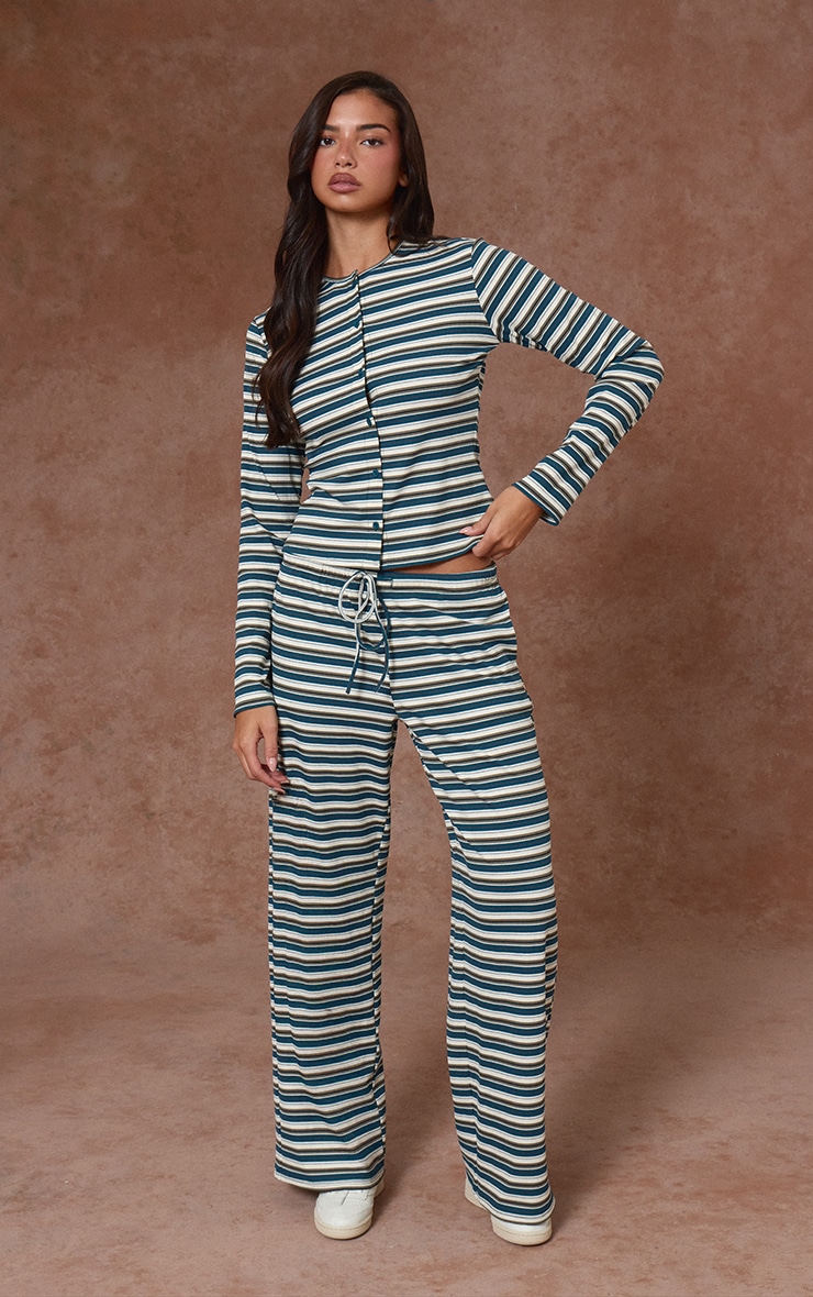 Green Stripe Soft Rib Elasticated Waist Trousers image 2