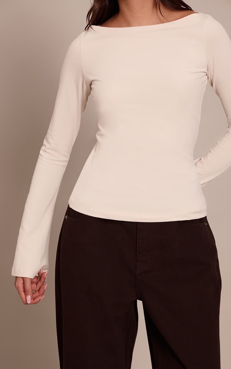 Oatmeal Soft Cotton Boat Neck Flared Long Sleeve Top image 4