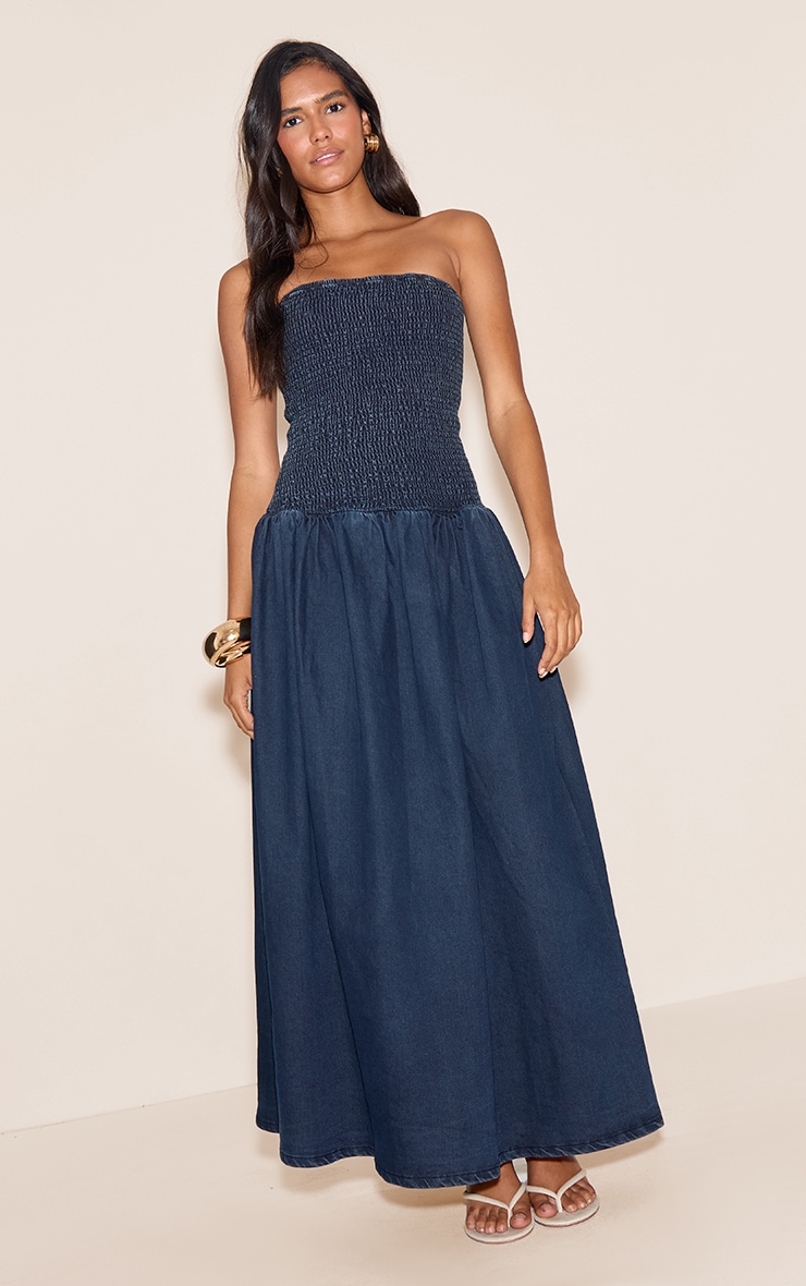 Indigo Drop Waist Denim Puffball Maxi Dress image 1