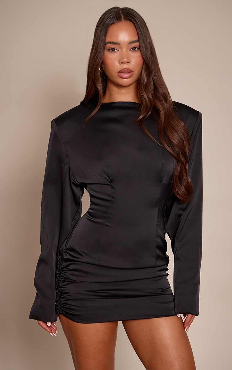 black high neck ruched satin mini dress