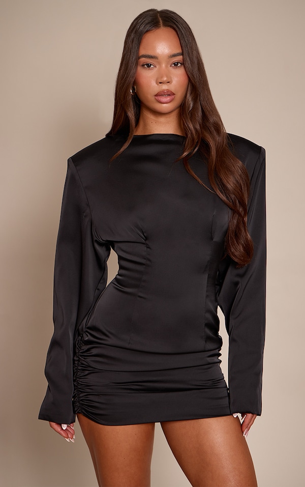 PLT Label Black Satin Extreme Shoulder Ruched Bodycon Mini Dress