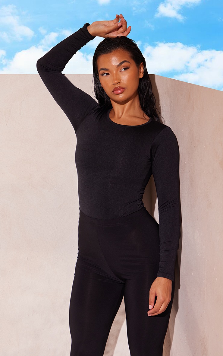 Black Second Skin Long Sleeve Thong Bodysuit PrettyLittleThing CA