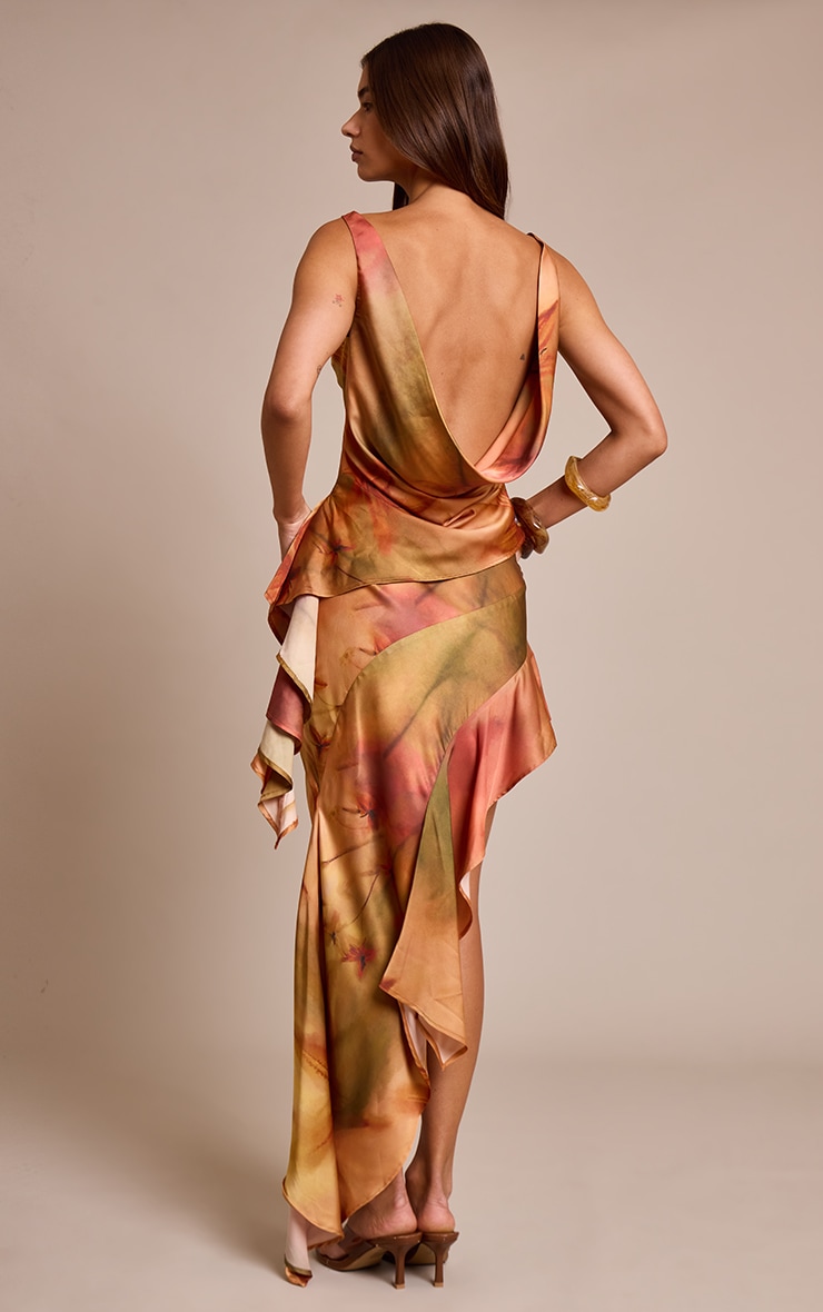 Burnt Orange Printed Satin Cowl Back Asymmetric Ruffle Top image 2