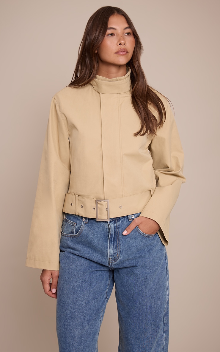 Beige Cropped Belted Biker Jacket