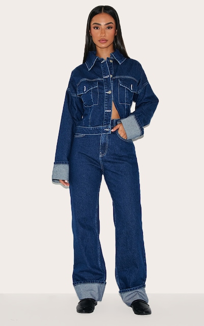 Petite Indigo Denim Turn Up Wide Leg Jeans