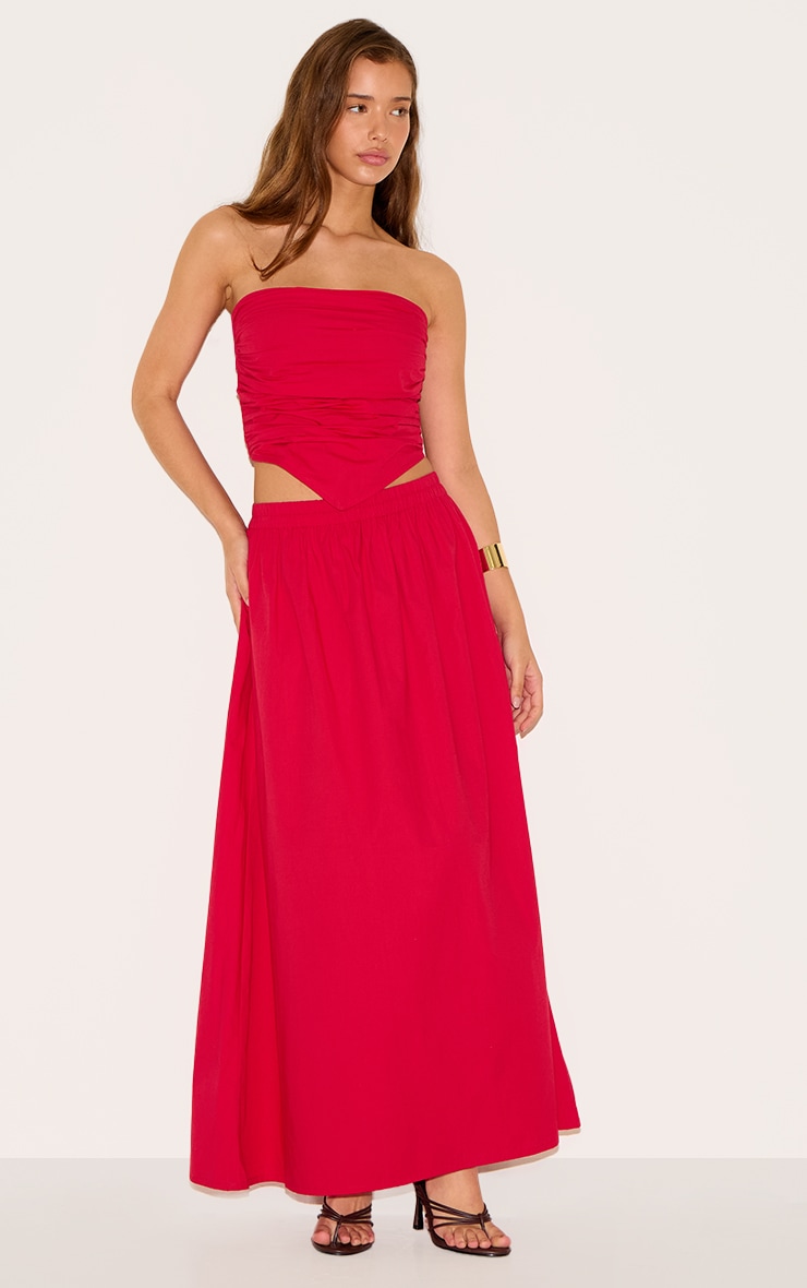 Top bustier en popeline de coton rouge tomate froncée devant image 3