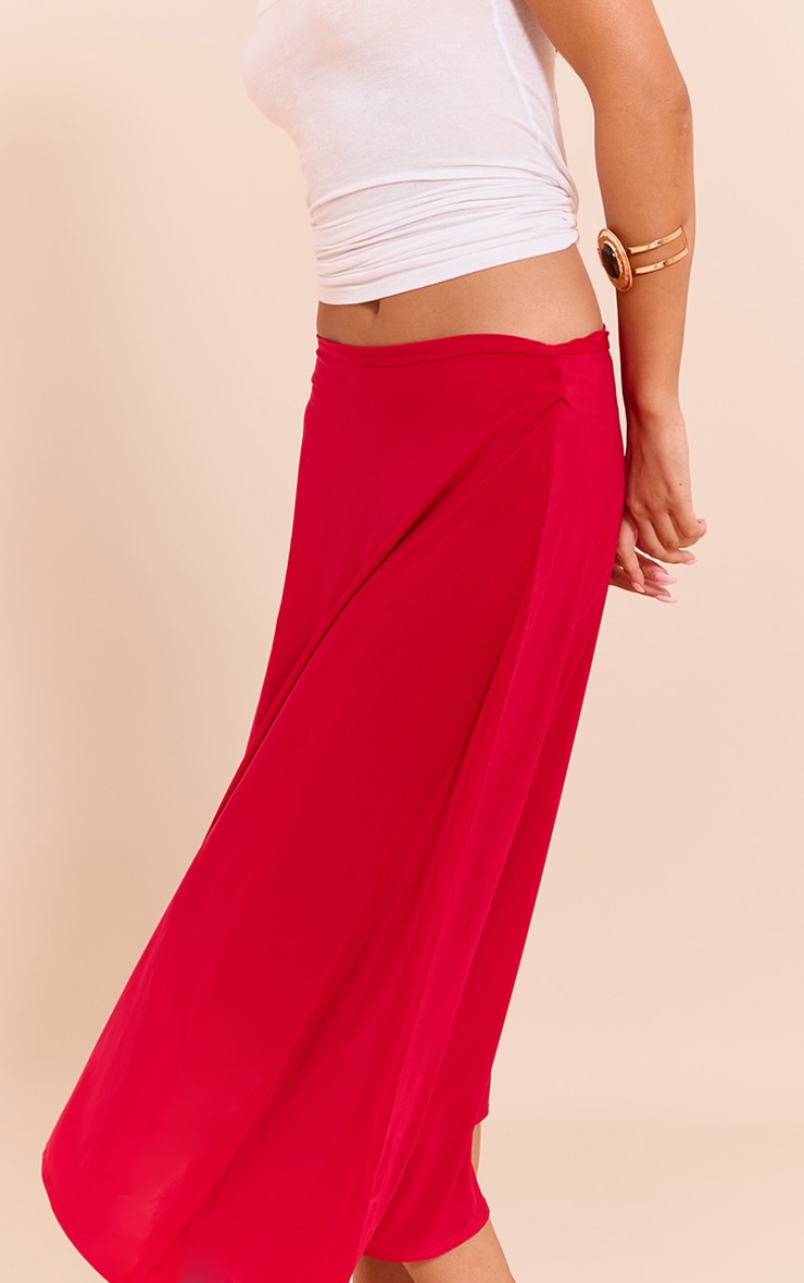 Red Asymmetric Hem Slinky Midi Skirt image 4