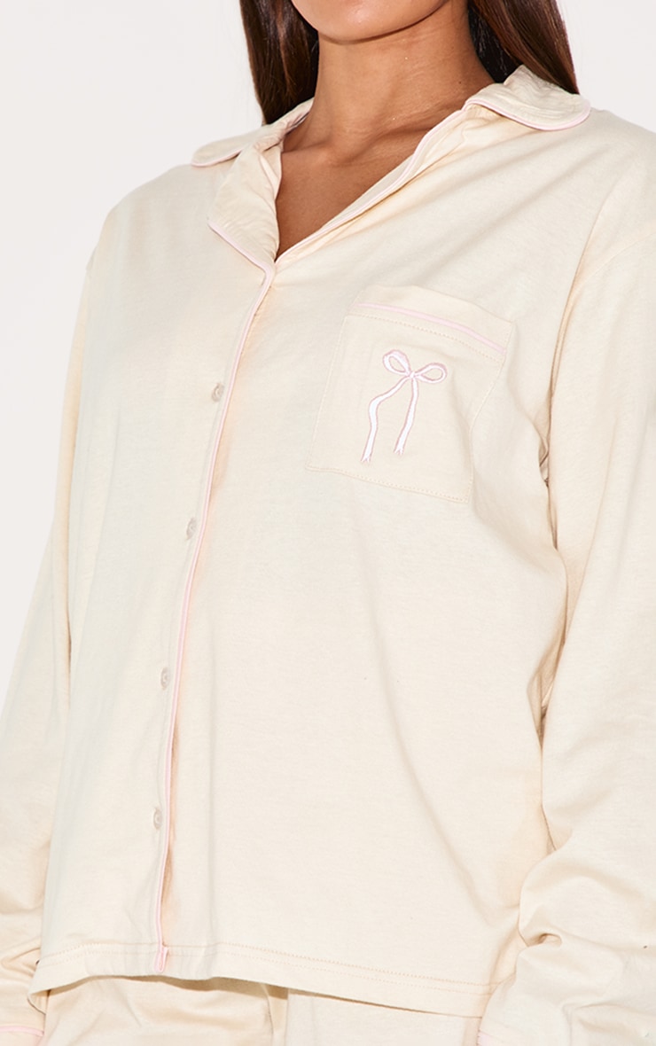 Cream Bow Embroidered Jersey Contrast Piping Long Pj Set image 4