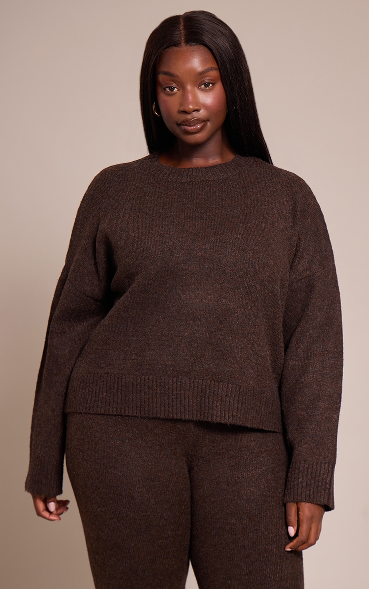 Plus Chocolate Marl Knitted Cropped Crew Neck Sweater image 1