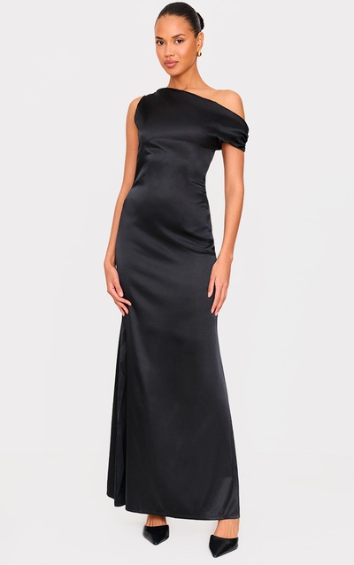 Black Satin Asymmetric Sleeveless Maxi Dress