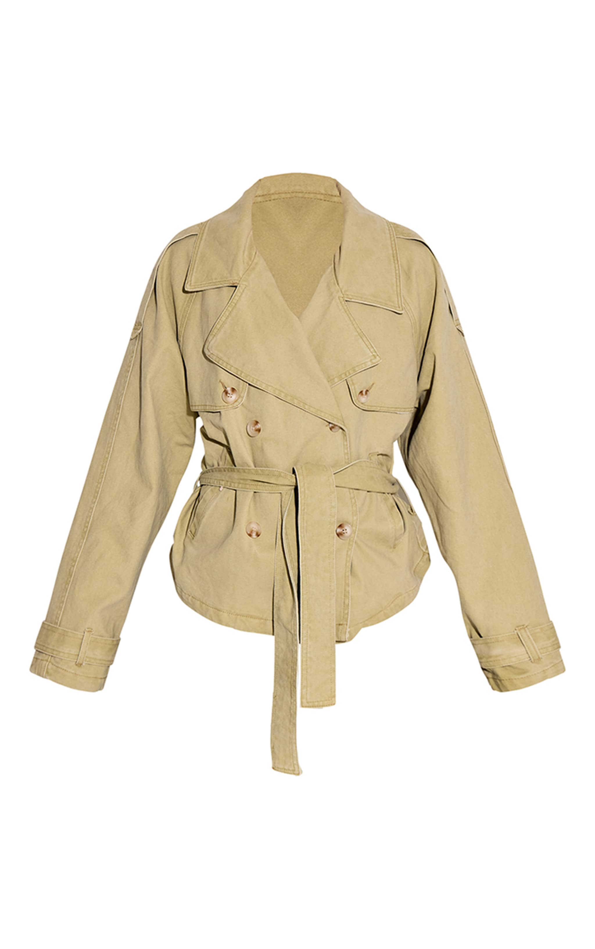 Washed Khaki Belted Cropped Button Detail Denim Trench image 5