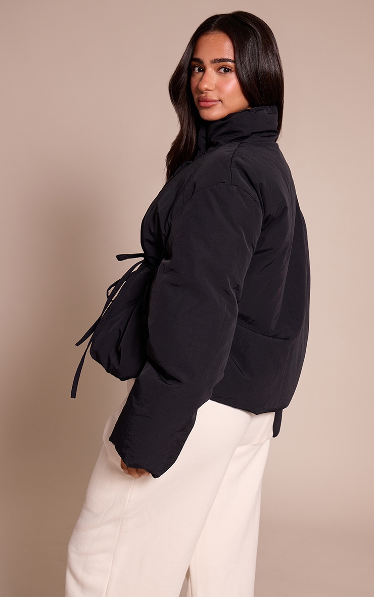 Petite Black High Neck Tie Waist Quilted Jacket image 2