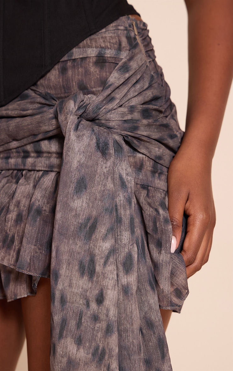 Brown Printed Chiffon Lined Tie Front Mini Skirt image 5