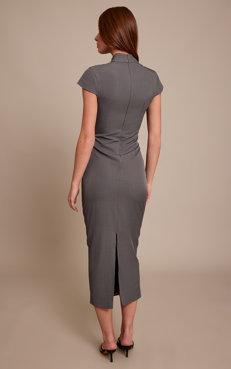 Robe mi-longue tissée gris anthracite à manches courtes image 2