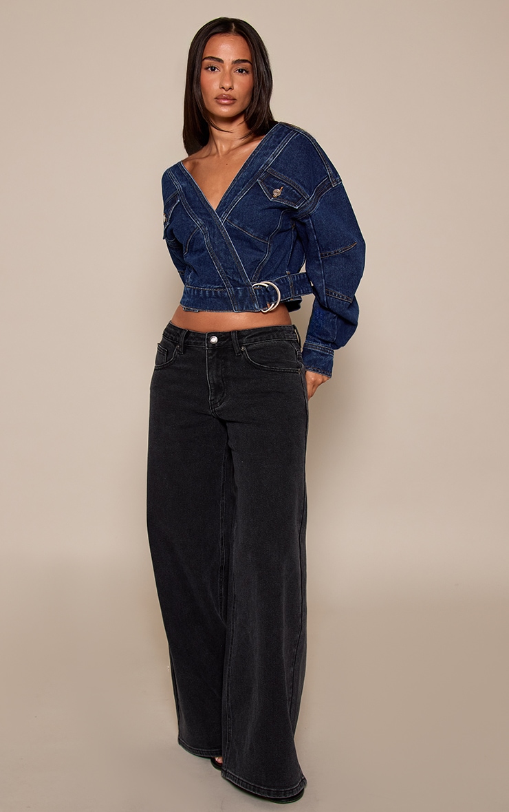 Petite Mid Blue Wrap Waist Cocoon Sleeve Denim Jacket image 3