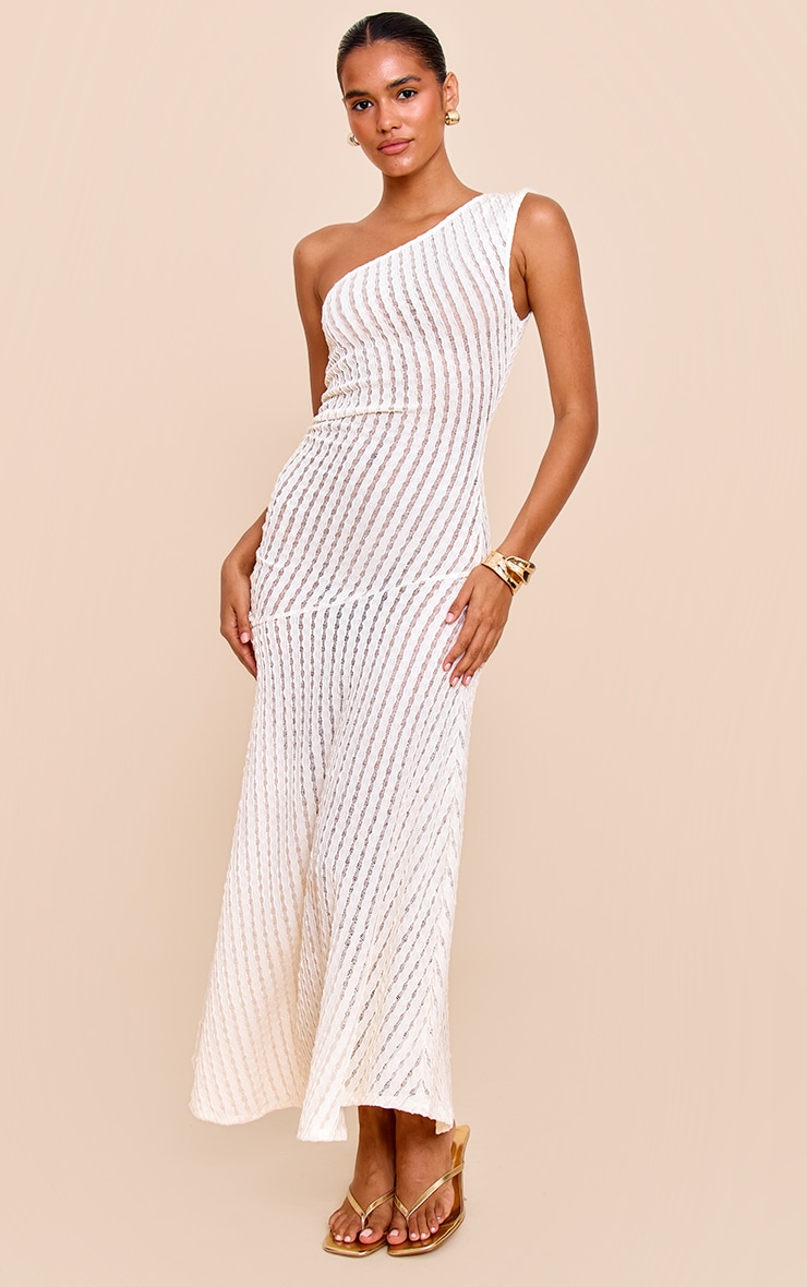 Cream Textured One Shoulder Ruched Maxi Dress image 1