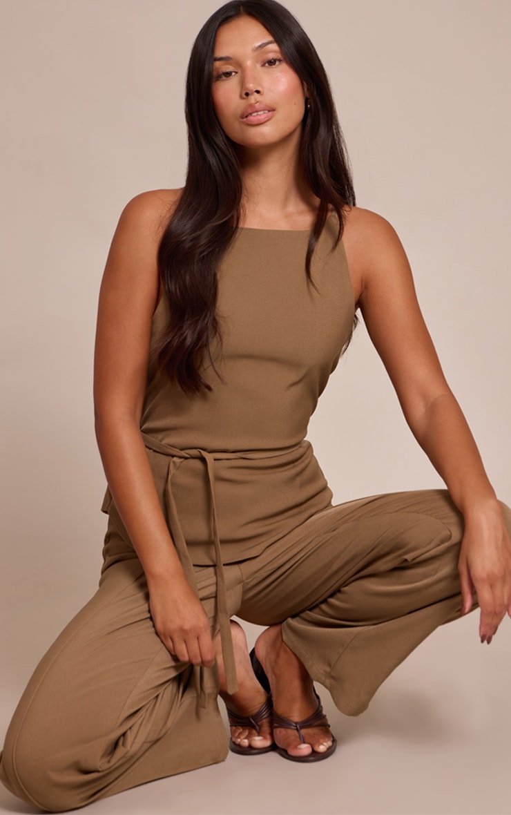 Light Taupe Woven Belt Tied Straight Leg Jumpsuit image 3