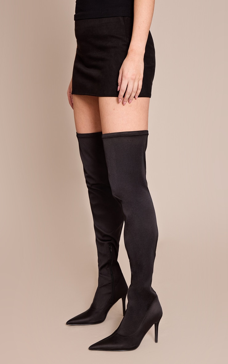 Black Satin Point Toe Over The Knee Stiletto Boot image 2