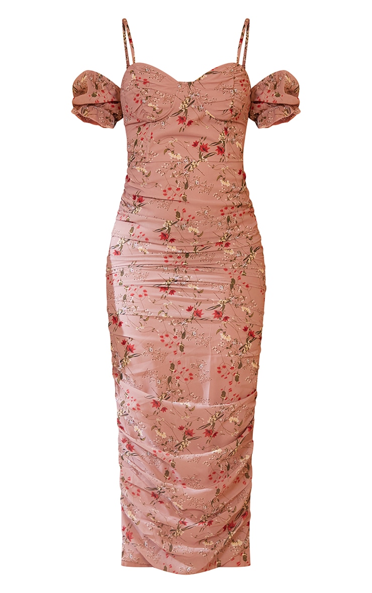 Blush Floral Print Corset Detail Cold Shoulder Midaxi Dress image 1