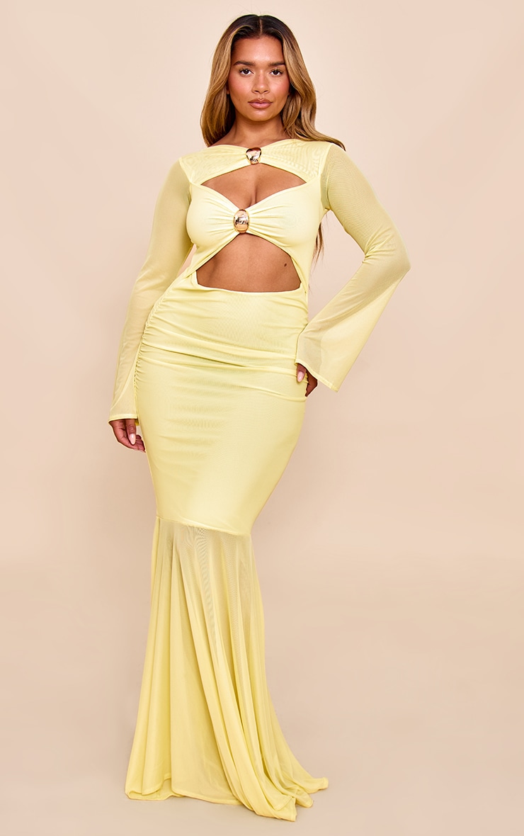 Shape Butter Yellow Mesh Gold Trim Cut Out Dropped Hem Maxi Dress image 3