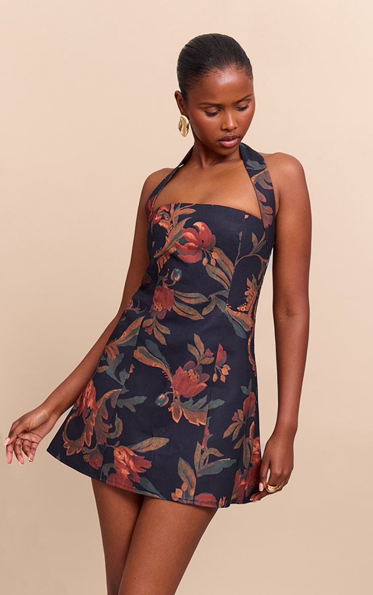 Burnt Orange Floral Square Halterneck A-line Dress image 1