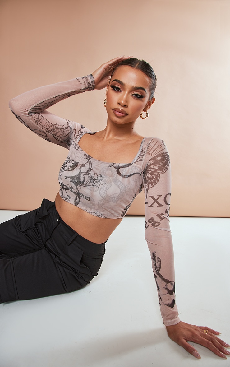 Nude Tattoo Print Mesh Square Neck Crop Top