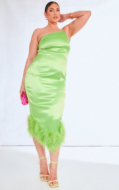 Plus Lime Satin Feather Trim One Shoulder Midi Dress