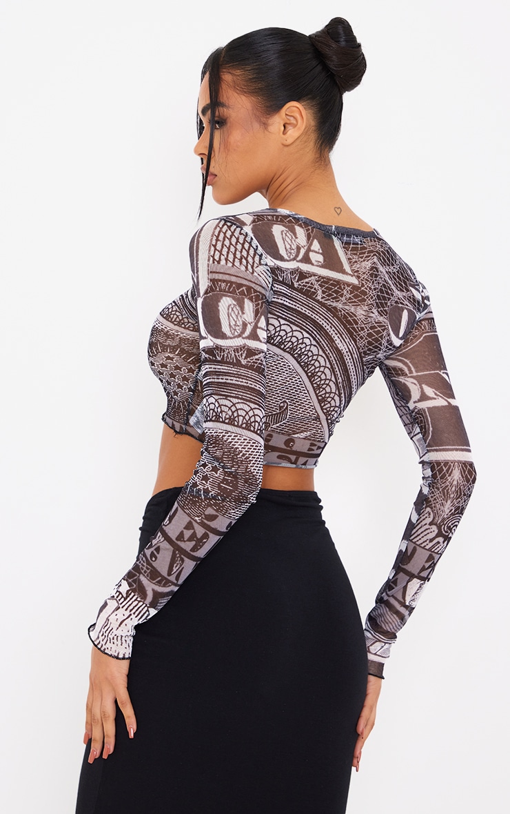 Black Word Print Mesh Long Sleeve Crop Top image 2