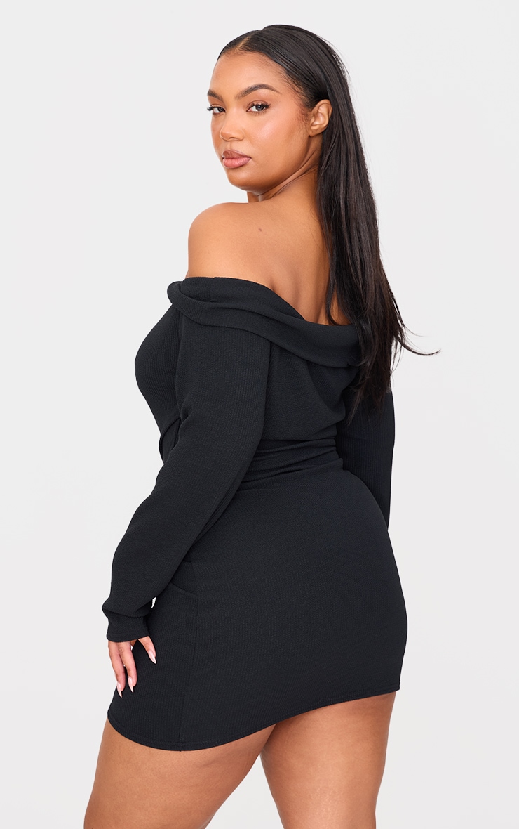 Plus Black Twist Front Bardot Ribbed Mini Dress image 2