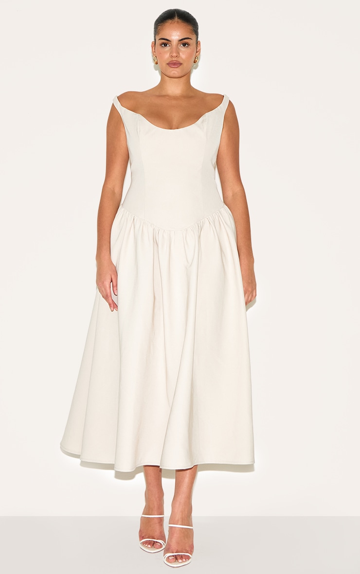 Plus Cream Woven Dipped Bardot Ruched Midaxi Dress image 1