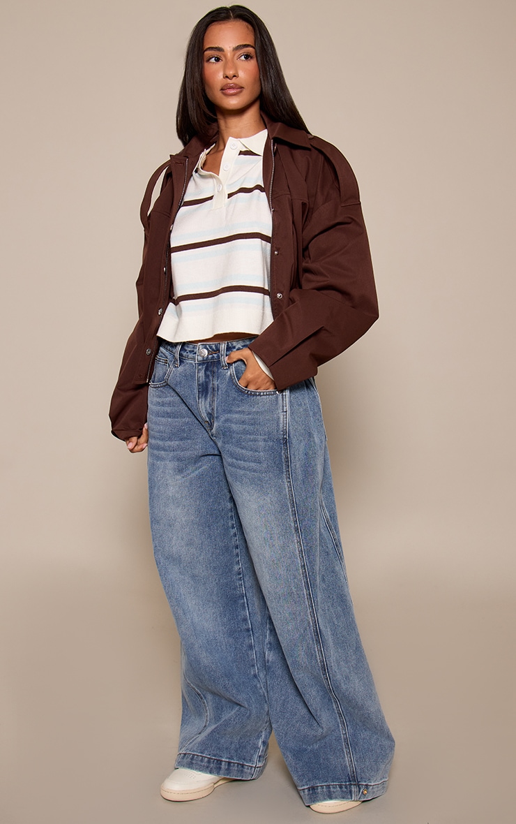 Petite Cream and Blue Stripe Polo Knit Long Sleeve Rugby Top  image 3