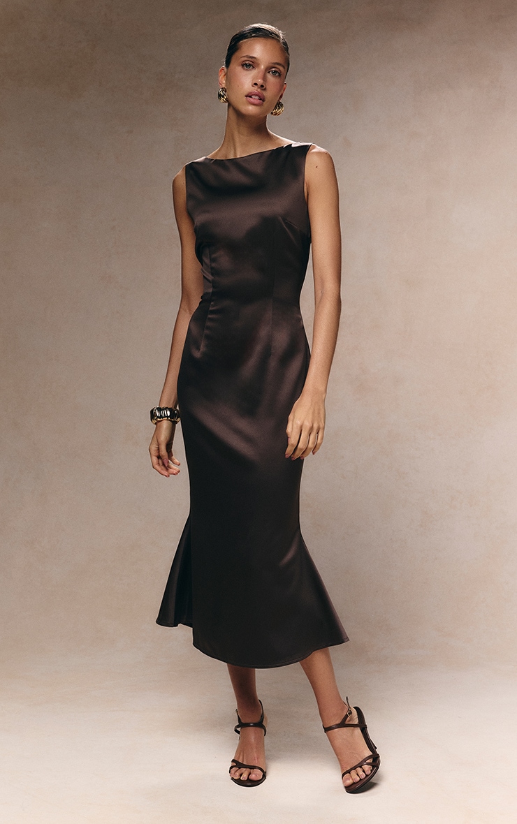 Dark Taupe Satin Boat Neck Fishtail Midaxi Dress image 4