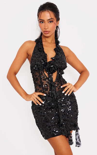 Petite Black Sequin Mini Dress With Rose Detail