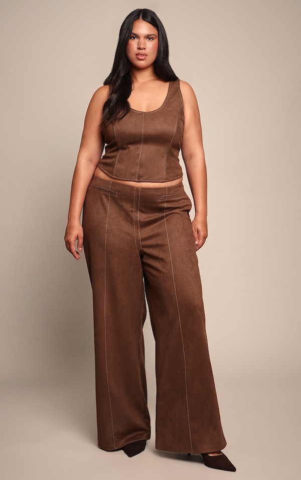 Plus Chocolate Suede Contrast Stitch Straight Leg Pant 