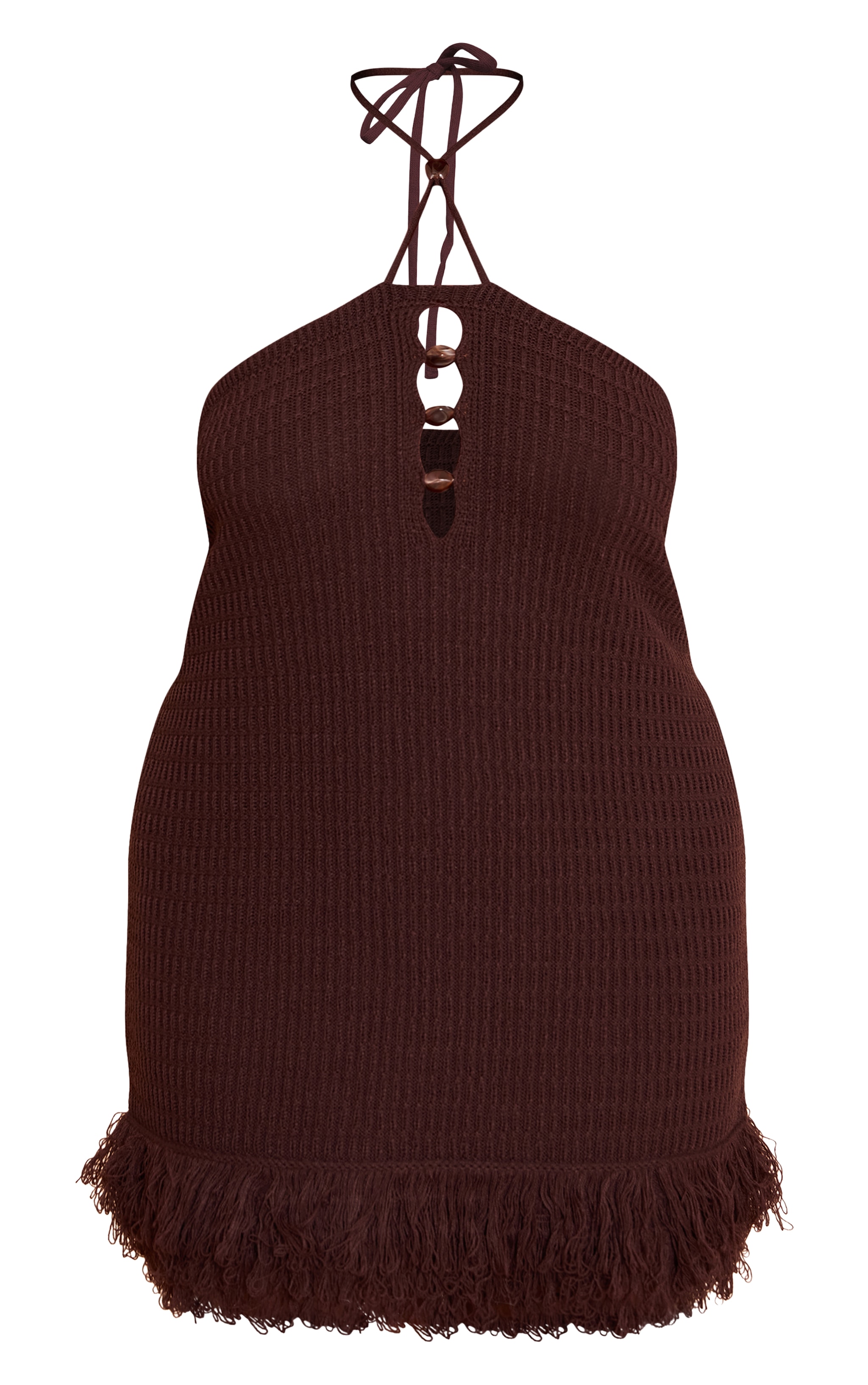 Plus Chocolate Knitted Halterneck Bead Detail Fringe Mini Dress image 5