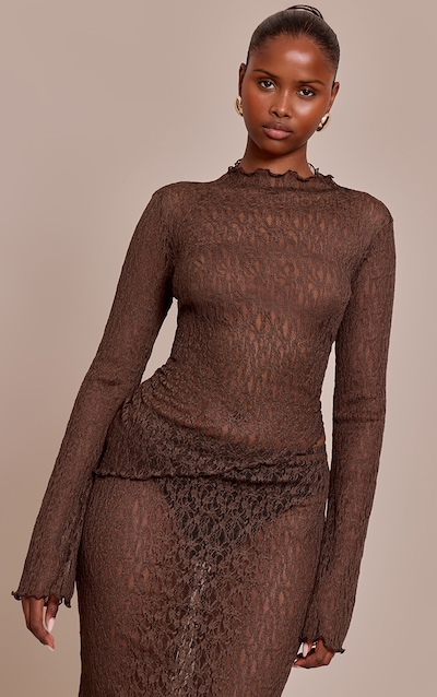 Dark Brown Sheer Lace Asymmetric Long Top