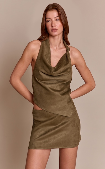 Khaki Suede Knot Cowl Top