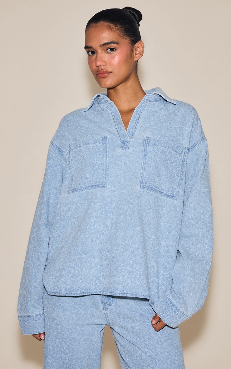 Light Blue Boucle Denim Oversized Shirt image 3