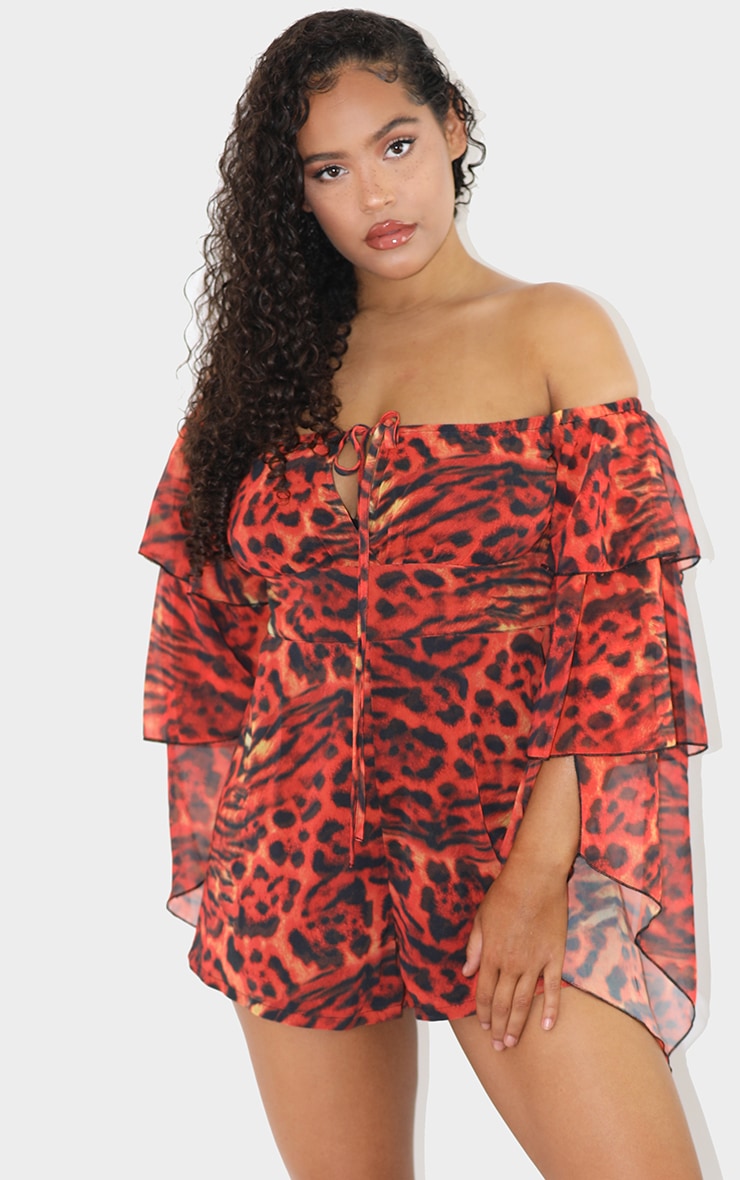 Red Leopard Bardot Ruffle Sleeve Romper