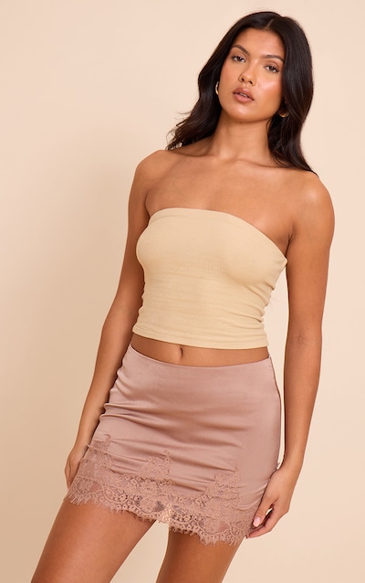 Mushroom Satin Lace Trim Mini Skirt