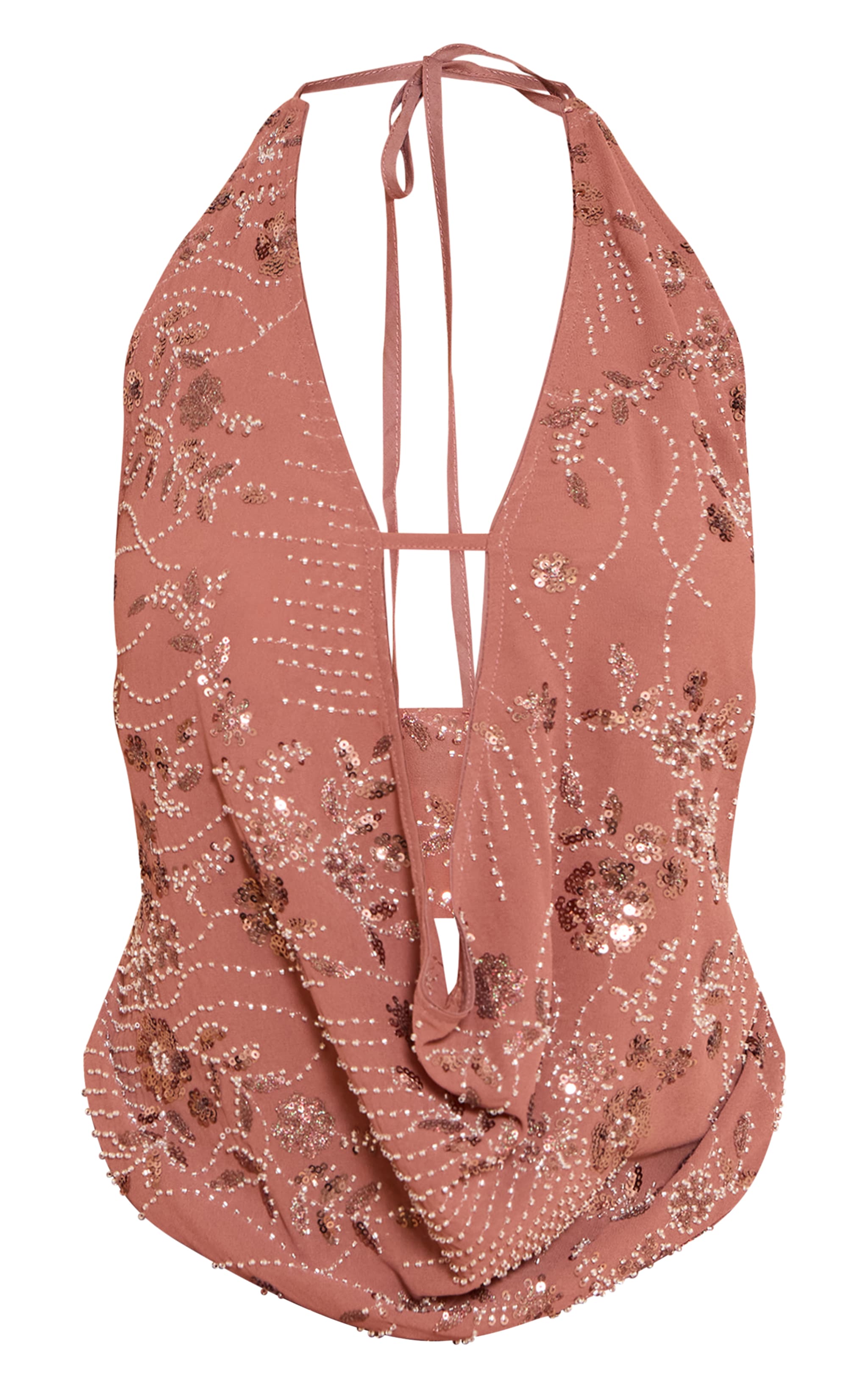 Shape Top dos nu marron à col bénitier et sequins en fleurs image 5