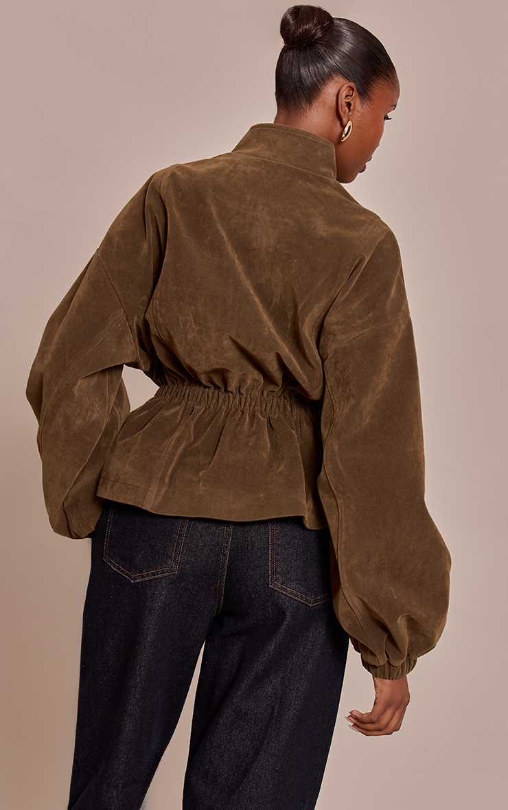 Khaki Cinched Waist Suede Jacket image 2